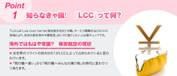 Point1 mȂᑹI@wLCCxĉHwLCCx́gLow-Cost Carrier(iq)h̗BT[rXȗȂǂ̃RXg팸ɂA]̍q󌔂ɔ׉izxBgNɉ߂l͗v`FbNłBCOł͂͂펯!?@iq̌AJ́wTEXEFXgqxA}[VÁwGAAWAxȂǁACOł͊ɐLCC݂܂BSẼtCg̖ŜPALCCɂĐ߂ĂƂBus@vus@݂Ȃ̏蕨v̎ɕςĂĂ܂B