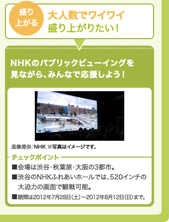 盛り上がる 大人数でワイワイ盛り上がりたい！　NHKのパブリックビューイングを見ながら、みんなで応援しよう！　画像提供：NHK ※写真はイメージです。 チェックポイント ■会場は渋谷・秋葉原・大阪の3都市。■渋谷のNHKふれあいホールでは、520インチの大迫力の画面で観戦可能。■期間は2012年7月28日（土）〜2012年8月12日（日）まで。