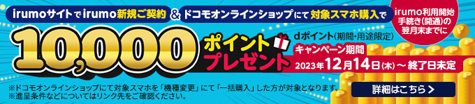 irumoサイト限定 MNPで0.5GBプランをご契約した場合　0.5GBプランの基本料金 3,300pt半年分相当dポイントプレゼント！【irumo】