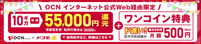 ド速い！10ギガ光回線が最大6か月【月額500円（税込）】＆最大【55,000円現金還元特典】付き！ドコモが提供するプロバイダ「OCN インターネット」
