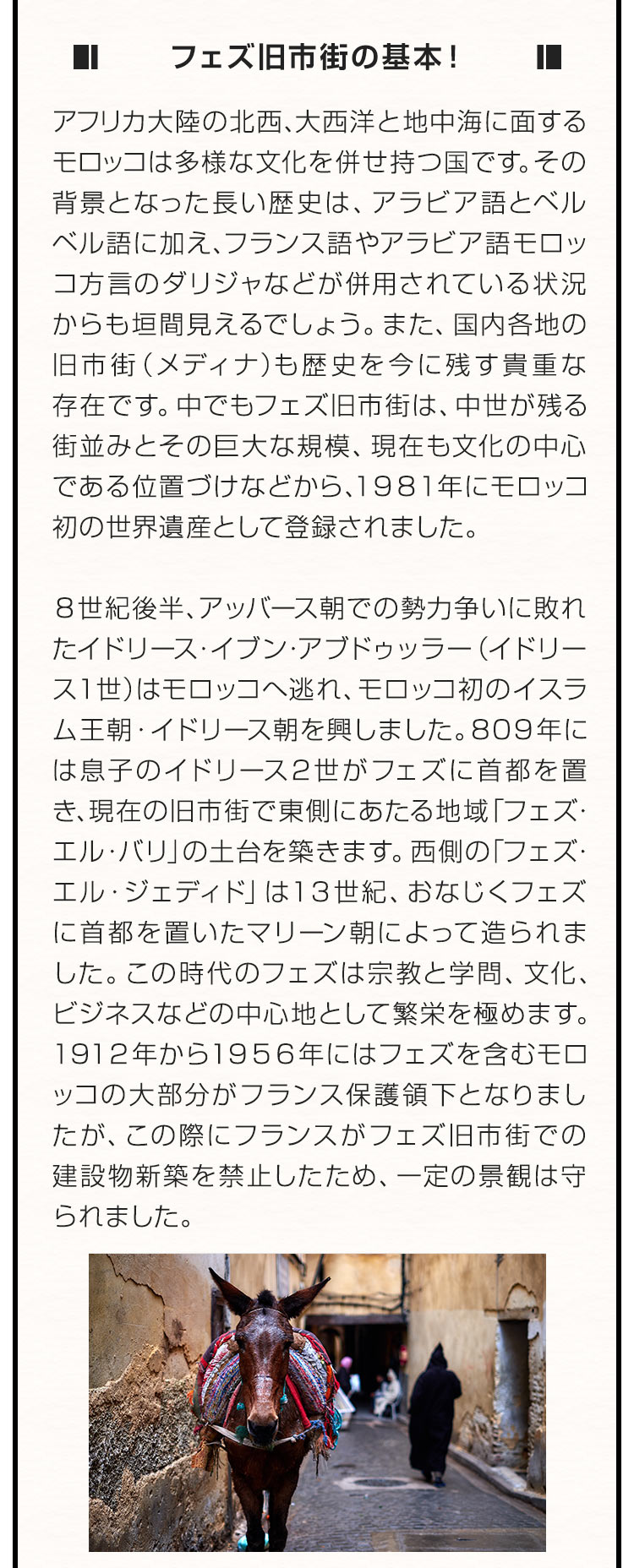 ■フェズ旧市街の基本！■ アフリカ大陸の北西、大西洋と地中海に面するモロッコは多様な文化を併せ持つ国です。その背景となった長い歴史は、アラビア語とベルベル語に加え、フランス語やアラビア語モロッコ方言のダリジャなどが併用されている状況からも垣間見えるでしょう。また、国内各地の旧市街（メディナ）も歴史を今に残す貴重な存在です。中でもフェズ旧市街は、中世が残る街並みとその巨大な規模、現在も文化の中心である位置づけなどから、１９８１年にモロッコ初の世界遺産として登録されました。８世紀後半、アッバース朝での勢力争いに敗れたイドリース・イブン・アブドゥッラー（イドリース１世）はモロッコへ逃れ、モロッコ初のイスラム王朝・イドリース朝を興しました。８０９年には息子のイドリース2世がフェズに首都を置き、現在の旧市街で東側にあたる地域「フェズ・エル・バリ」の土台を築きます。西側の「フェズ・エル・ジェディド」は１３世紀、おなじくフェズに首都を置いたマリーン朝によって造られました。この時代のフェズは宗教と学問、文化、ビジネスなどの中心地として繁栄を極めます。１９１２年から１９５６年にはフェズを含むモロッコの大部分がフランス保護領下となりましたが、この際にフランスがフェズ旧市街での建設物新築を禁止したため、一定の景観は守られました。