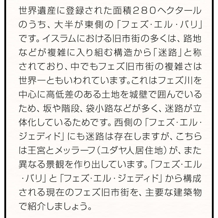 世界遺産に登録された面積２８０ヘクタールのうち、大半が東側の「フェズ・エル・バリ」です。イスラムにおける旧市街の多くは、路地などが複雑に入り組む構造から「迷路」と称されており、中でもフェズ旧市街の複雑さは世界一ともいわれています。これはフェズ川を中心に高低差のある土地を城壁で囲んでいるため、坂や階段、袋小路などが多く、迷路が立体化しているためです。西側の「フェズ・エル・ジェディド」にも迷路は存在しますが、こちらは王宮とメッラーフ（ユダヤ人居住地）が、また異なる景観を作り出しています。「フェズ・エル・バリ」と「フェズ・エル・ジェディド」から構成される現在のフェズ旧市街を、主要な建築物で紹介しましょう。