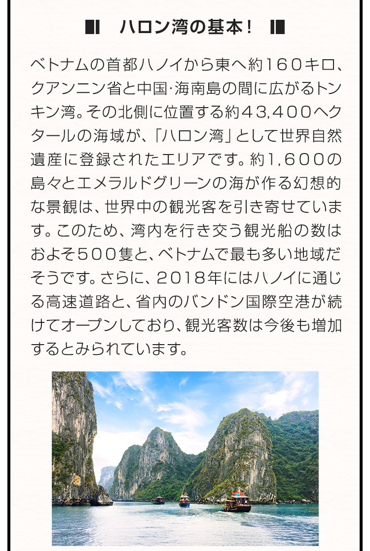 ■ハロン湾の基本！■ベトナムの首都ハノイから東へ約１６０キロ、クアンニン省と中国・海南島の間に広がるトンキン湾。その北側に位置する約４３，４００ヘクタールの海域が、「ハロン湾」として世界自然遺産に登録されたエリアです。約１，６００の島々とエメラルドグリーンの海が作る幻想的な景観は、世界中の観光客を引き寄せています。このため、湾内を行き交う観光船の数はおよそ５００隻と、ベトナムで最も多い地域だそうです。さらに、２０１８年にはハノイに通じる高速道路と、省内のバンドン国際空港が続けてオープンしており、観光客数は今後も増加するとみられています。