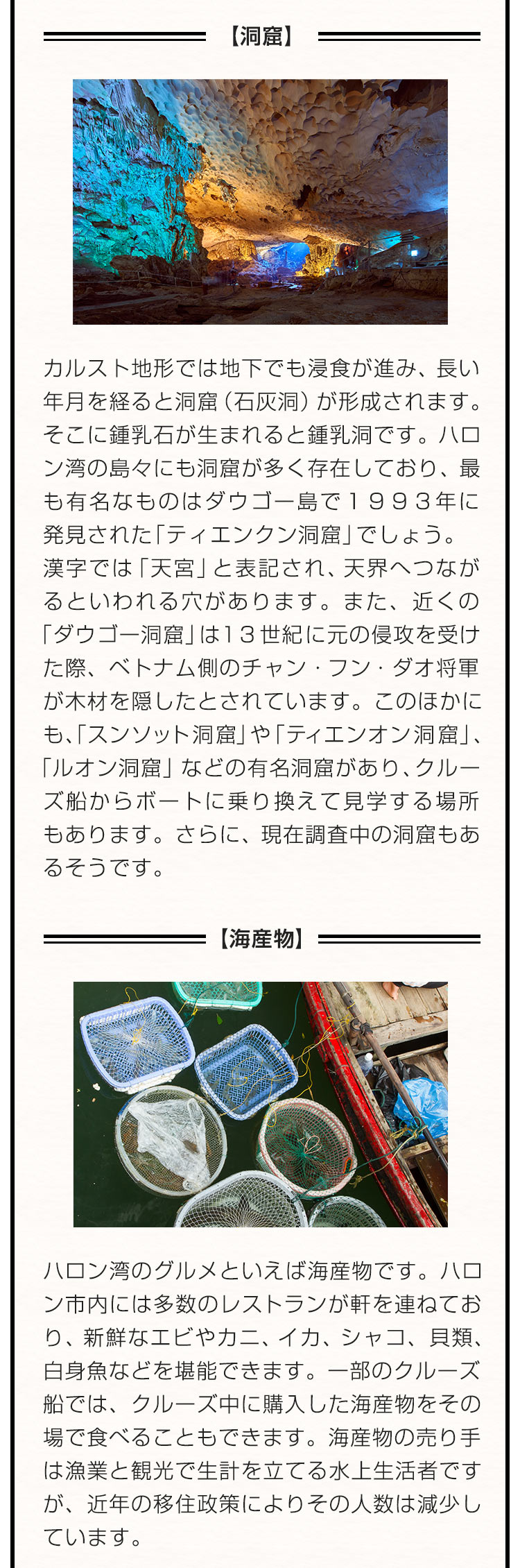 【洞窟】カルスト地形では地下でも浸食が進み、長い年月を経ると洞窟（石灰洞）が形成されます。そこに鍾乳石が生まれると鍾乳洞です。ハロン湾の島々にも洞窟が多く存在しており、最も有名なものはダウゴー島で１９９３年に発見された「ティエンクン洞窟」でしょう。漢字では「天宮」と表記され、天界へつながるといわれる穴があります。また、近くの「ダウゴー洞窟」は１３世紀に元の侵攻を受けた際、ベトナム側のチャン・フン・ダオ将軍が木材を隠したとされています。このほかにも、「スンソット洞窟」や「ティエンオン洞窟」、「ルオン洞窟」などの有名洞窟があり、クルーズ船からボートに乗り換えて見学する場所もあります。さらに、現在調査中の洞窟もあるそうです。 【海産物】ハロン湾のグルメといえば海産物です。ハロン市内には多数のレストランが軒を連ねており、新鮮なエビやカニ、イカ、シャコ、貝類、白身魚などを堪能できます。一部のクルーズ船では、クルーズ中に購入した海産物をその場で食べることもできます。海産物の売り手は漁業と観光で生計を立てる水上生活者ですが、近年の移住政策によりその人数は減少しています。