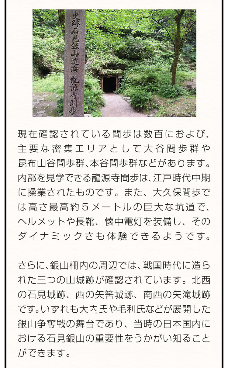 現在確認されている間歩は数百におよび、主要な密集エリアとして大谷間歩群や昆布山谷間歩群、本谷間歩群などがあります。内部を見学できる龍源寺間歩は、江戸時代中期に操業されたものです。また、大久保間歩では高さ最高約５メートルの巨大な坑道で、ヘルメットや長靴、懐中電灯を装備し、そのダイナミックさも体験できるようです。　さらに、銀山柵内の周辺では、戦国時代に造られた三つの山城跡が確認されています。北西の石見城跡、西の矢筈城跡、南西の矢滝城跡です。いずれも大内氏や毛利氏などが展開した銀山争奪戦の舞台であり、当時の日本国内における石見銀山の重要性をうかがい知ることができます。