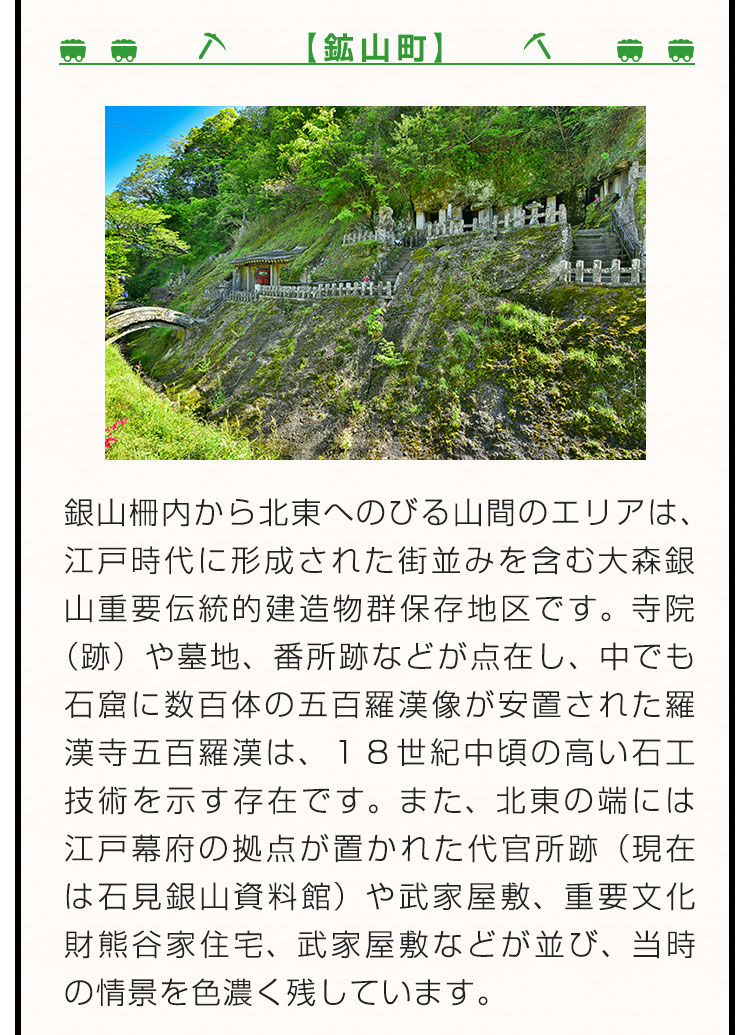 【鉱山町】銀山柵内から北東へのびる山間のエリアは、江戸時代に形成された街並みを含む大森銀山重要伝統的建造物群保存地区です。寺院（跡）や墓地、番所跡などが点在し、中でも石窟に数百体の五百羅漢像が安置された羅漢寺五百羅漢は、１８世紀中頃の高い石工技術を示す存在です。また、北東の端には江戸幕府の拠点が置かれた代官所跡（現在は石見銀山資料館）や武家屋敷、重要文化財熊谷家住宅、武家屋敷などが並び、当時の情景を色濃く残しています。