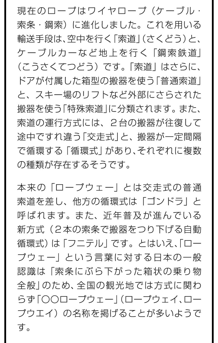 現在のロープはワイヤロープ（ケーブル・索条・鋼索）に進化しました。これを用いる輸送手段は、空中を行く「索道」（さくどう）と、ケーブルカーなど地上を行く「鋼索鉄道」（こうさくてつどう）です。「索道」はさらに、ドアが付属した箱型の搬器を使う「普通索道」と、スキー場のリフトなど外部にさらされた搬器を使う「特殊索道」に分類されます。また、索道の運行方式には、２台の搬器が往復して途中ですれ違う「交走式」と、搬器が一定間隔で循環する「循環式」があり、それぞれに複数の種類が存在するそうです。　本来の「ロープウェー」とは交走式の普通索道を差し、他方の循環式は「ゴンドラ」と呼ばれます。また、近年普及が進んでいる新方式（２本の索条で搬器をつり下げる自動循環式）は「フニテル」です。とはいえ、「ロープウェー」という言葉に対する日本の一般認識は「索条にぶら下がった箱状の乗り物全般」のため、全国の観光地では方式に関わらず「〇〇ロープウェー」（ロープウェイ、ロープウエイ）の名称を掲げることが多いようです。