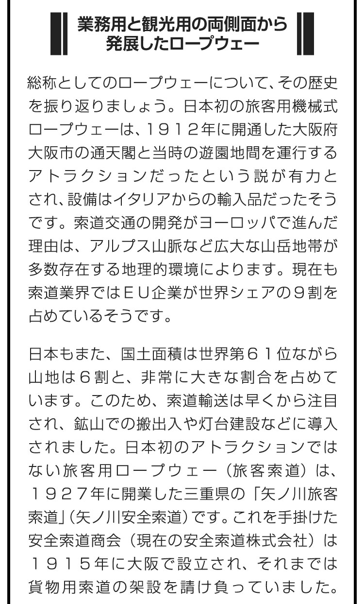 ■業務用と観光用の両側面から発展したロープウェー■総称としてのロープウェーについて、その歴史を振り返りましょう。日本初の旅客用機械式ロープウェーは、１９１２年に開通した大阪府大阪市の通天閣と当時の遊園地間を運行するアトラクションだったという説が有力とされ、設備はイタリアからの輸入品だったそうです。索道交通の開発がヨーロッパで進んだ理由は、アルプス山脈など広大な山岳地帯が多数存在する地理的環境によります。現在も索道業界ではＥＵ企業が世界シェアの９割を占めているそうです。　日本もまた、国土面積は世界第６１位ながら山地は６割と、非常に大きな割合を占めています。このため、索道輸送は早くから注目され、鉱山での搬出入や灯台建設などに導入されました。日本初のアトラクションではない旅客用ロープウェー（旅客索道）は、１９２７年に開業した三重県の「矢ノ川旅客索道」（矢ノ川安全索道）です。これを手掛けた安全索道商会（現在の安全索道株式会社）は１９１５年に大阪で設立され、それまでは貨物用索道の架設を請け負っていました。