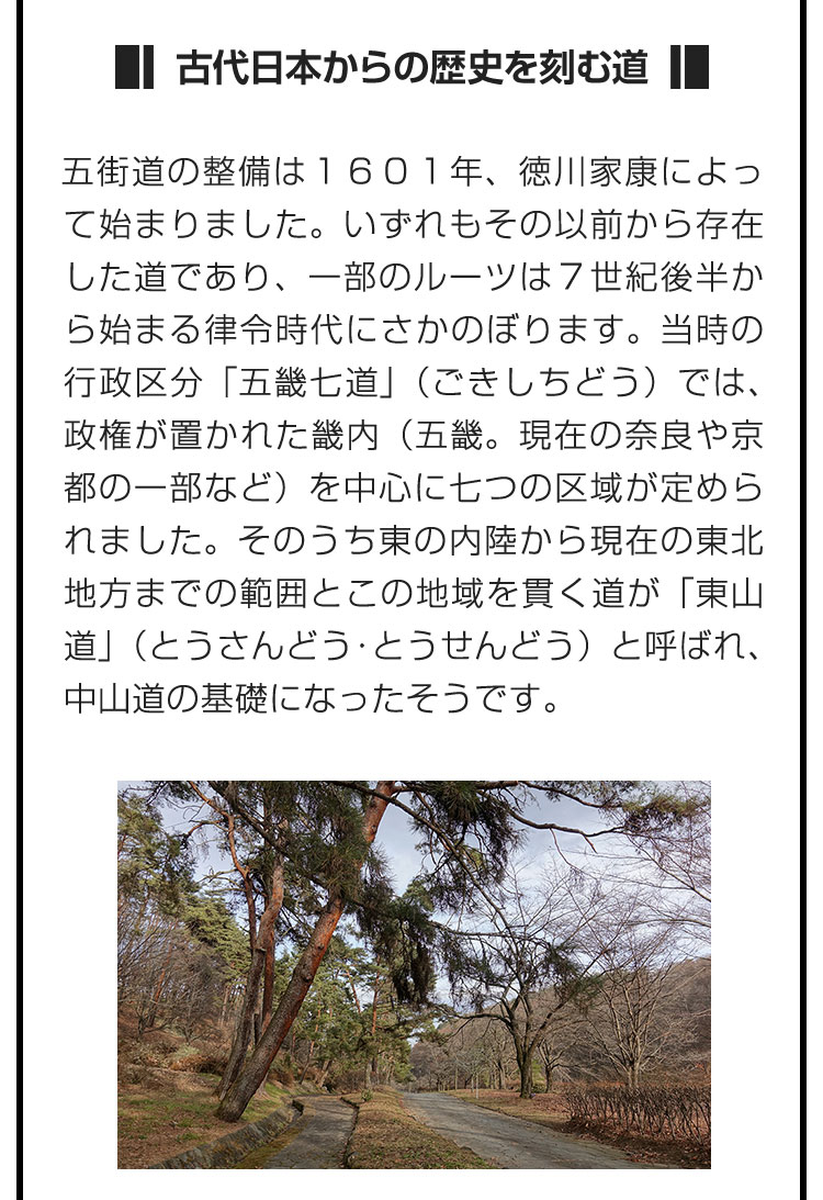 ■古代日本からの歴史を刻む道■五街道の整備は１６０１年、徳川家康によって始まりました。いずれもその以前から存在した道であり、一部のルーツは７世紀後半から始まる律令時代にさかのぼります。当時の行政区分「五畿七道」（ごきしちどう）では、政権が置かれた畿内（五畿。現在の奈良や京都の一部など）を中心に七つの区域が定められました。そのうち東の内陸から現在の東北地方までの範囲とこの地域を貫く道が「東山道」（とうさんどう・とうせんどう）と呼ばれ、中山道の基礎になったそうです。