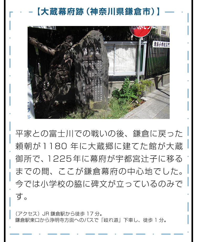 【大蔵幕府跡（神奈川県鎌倉市）】平家との富士川での戦いの後、鎌倉に戻った頼朝が1180年に大蔵郷に建てた館が大蔵御所で、1225年に幕府が宇都宮辻子に移るまでの間、ここが鎌倉幕府の中心地でした。今では小学校の脇に碑文が立っているのみです。　（アクセス） JR鎌倉駅から徒歩17分。鎌倉駅東口から浄明寺方面へのバスで「岐れ道」下車し、徒歩1分。