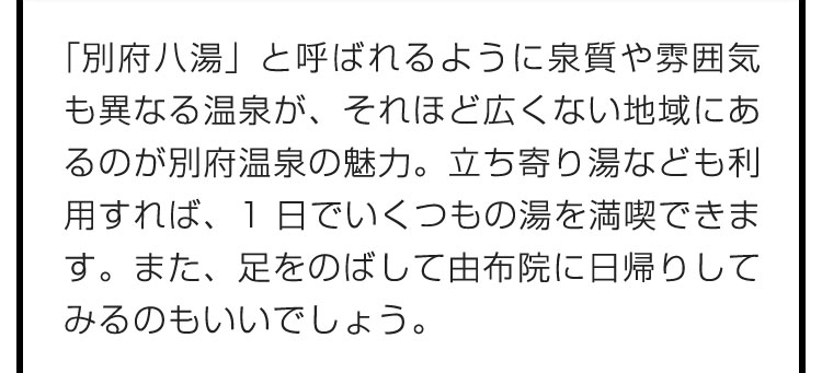 「別府八湯」と呼ばれるように泉質や雰囲気も異なる温泉が、それほど広くない地域にあるのが別府温泉の魅力。立ち寄り湯なども利用すれば、1日でいくつもの湯を満喫できます。また、足をのばして由布院に日帰りしてみるのもいいでしょう。