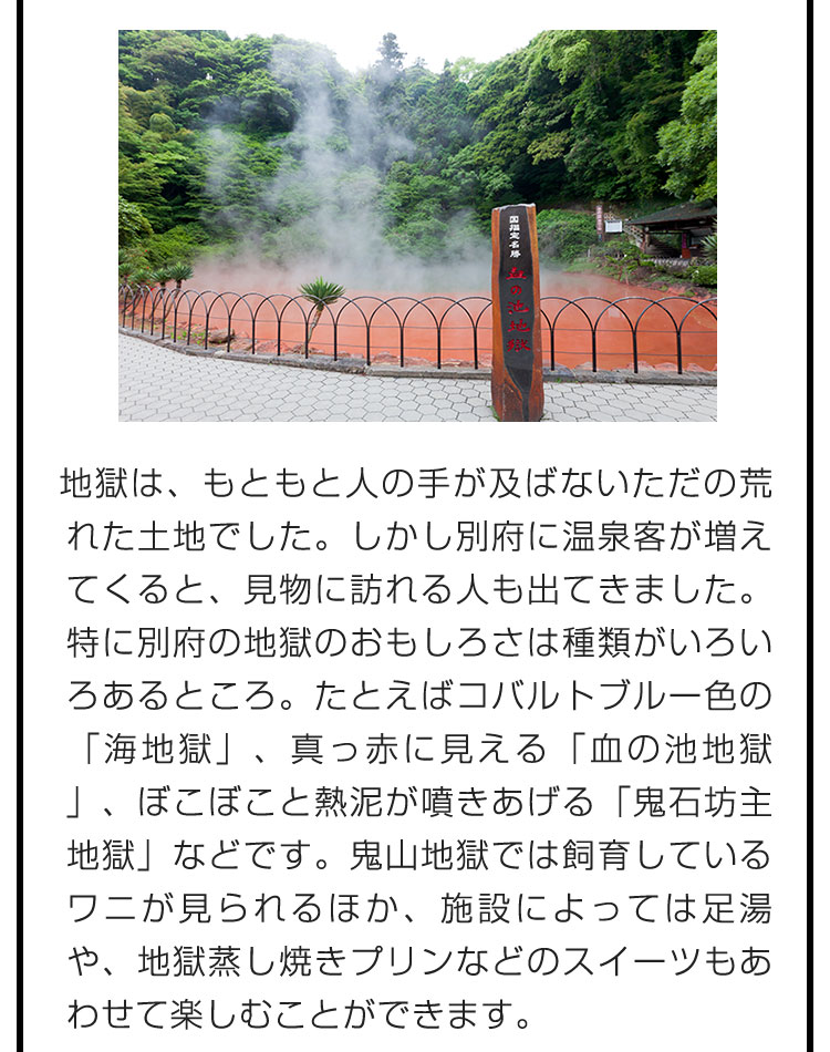 地獄は、もともと人の手が及ばないただの荒れた土地でした。しかし別府に温泉客が増えてくると、見物に訪れる人も出てきました。特に別府の地獄のおもしろさは種類がいろいろあるところ。たとえばコバルトブルー色の「海地獄」、真っ赤に見える「血の池地獄」、ぼこぼこと熱泥が噴きあげる「鬼石坊主地獄」などです。鬼山地獄では飼育しているワニが見られるほか、施設によっては足湯や、地獄蒸し焼きプリンなどのスイーツもあわせて楽しむことができます。