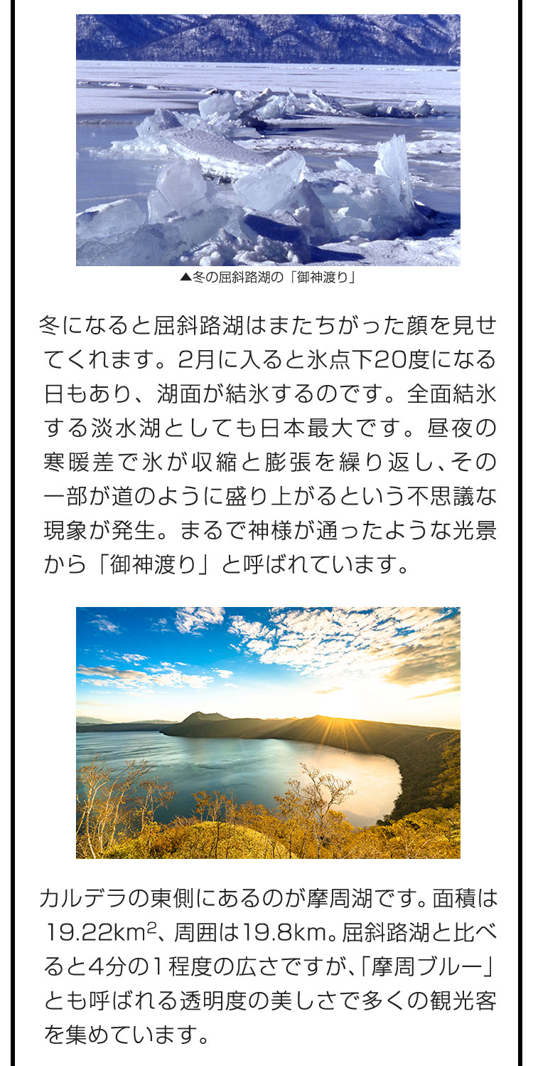 冬になると屈斜路湖はまたちがった顔を見せてくれます。2月に入ると氷点下20度になる日もあり、湖面が結氷するのです。全面結氷する淡水湖としても日本最大です。昼夜の寒暖差で氷が収縮と膨張を繰り返し、その一部が道のように盛り上がるという不思議な現象が発生。まるで神様が通ったような光景から「御神渡り」と呼ばれています。　カルデラの東側にあるのが摩周湖です。面積は19.22km2、周囲は19.8km。屈斜路湖と比べると4分の１程度の広さですが、「摩周ブルー」とも呼ばれる透明度の美しさで多くの観光客を集めています。