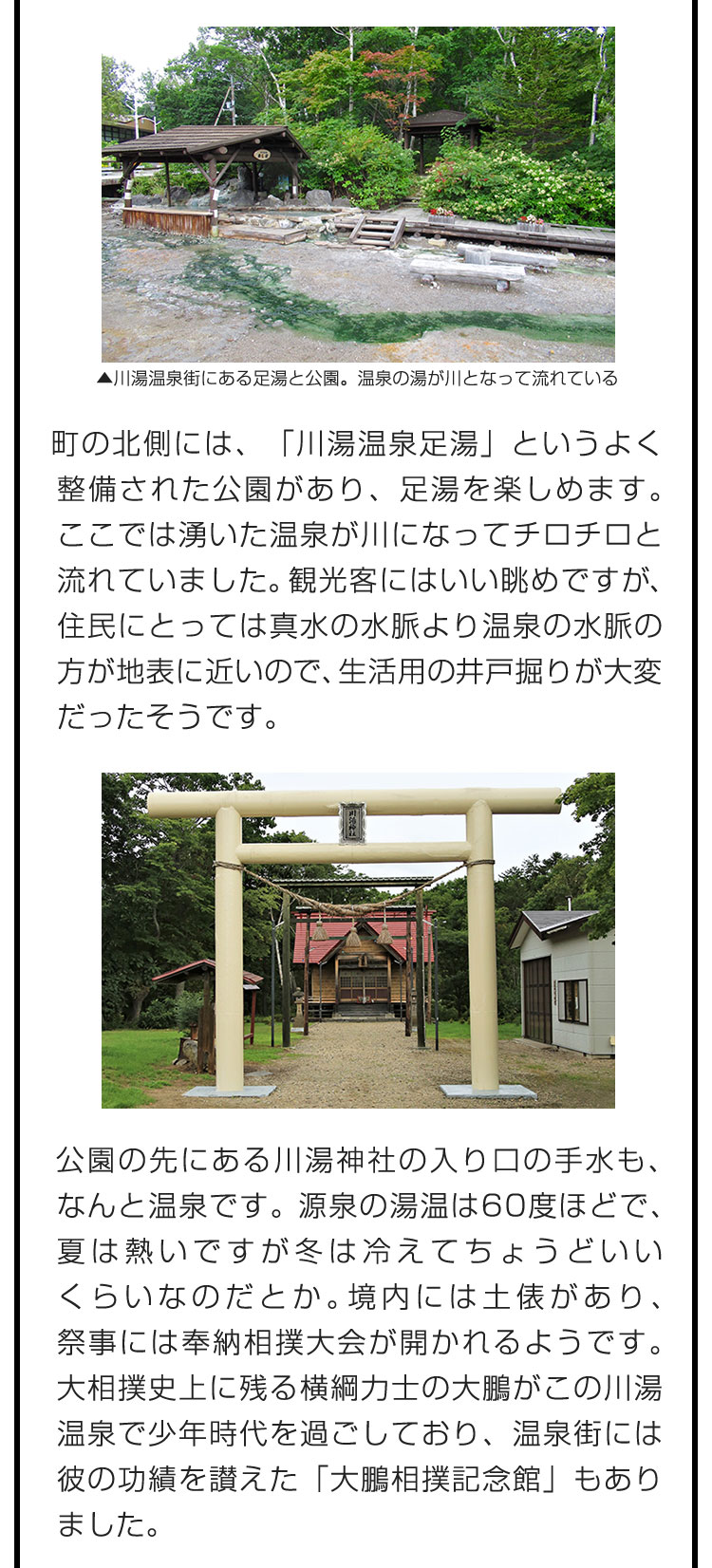 町の北側には、「川湯温泉足湯」というよく整備された公園があり、足湯を楽しめます。ここでは湧いた温泉が川になってチロチロと流れていました。観光客にはいい眺めですが、住民にとっては真水の水脈より温泉の水脈の方が地表に近いので、生活用の井戸掘りが大変だったそうです。　公園の先にある川湯神社の入り口の手水も、なんと温泉です。源泉の湯温は60度ほどで、夏は熱いですが冬は冷えてちょうどいいくらいなのだとか。境内には土俵があり、祭事には奉納相撲大会が開かれるようです。大相撲史上に残る横綱力士の大鵬がこの川湯温泉で少年時代を過ごしており、温泉街には彼の功績を讃えた「大鵬相撲記念館」もありました。