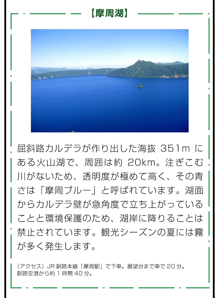 【摩周湖】屈斜路カルデラが作り出した海抜351mにある火山湖で、周囲は約20km。注ぎこむ川がないため、透明度が極めて高く、その青さは「摩周ブルー」と呼ばれています。湖面からカルデラ壁が急角度で立ち上がっていることと環境保護のため、湖岸に降りることは禁止されています。観光シーズンの夏には霧が多く発生します。（アクセス）JR釧路本線「摩周駅」で下車。展望台まで車で20分。釧路空港から約1時間40分。