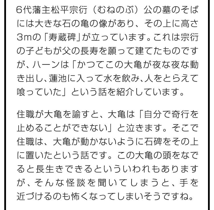 6代藩主松平宗衍（むねのぶ）公の墓のそばには大きな石の亀の像があり、その上に高さ3mの「寿蔵碑」が立っています。これは宗衍の子どもが父の長寿を願って建てたものですが、ハーンは「かつてこの大亀が夜な夜な動き出し、蓮池に入って水を飲み、人をとらえて喰っていた」という話を紹介しています。　住職が大亀を諭すと、大亀は「自分で奇行を止めることができない」と泣きます。そこで住職は、大亀が動かないように石碑をその上に置いたという話です。この大亀の頭をなでると長生きできるといういわれもありますが、そんな怪談を聞いてしまうと、手を近づけるのも怖くなってしまいそうですね。