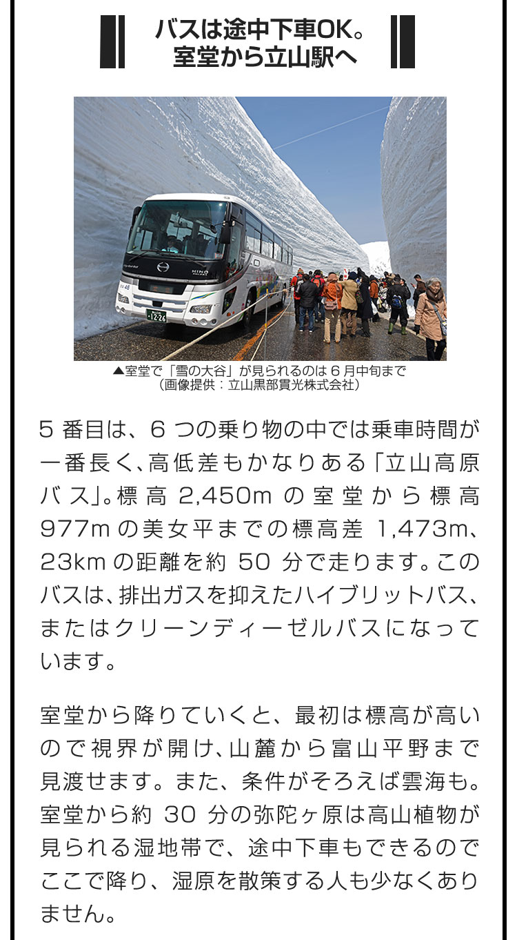 ■バスは途中下車OK。室堂から立山駅へ■5番目は、6つの乗り物の中では乗車時間が一番長く、高低差もかなりある「立山高原バス」。標高2,450mの室堂から標高977mの美女平までの標高差1,473m、23kmの距離を約50分で走ります。このバスは、排出ガスを抑えたハイブリットバス、またはクリーンディーゼルバスになっています。　室堂から降りていくと、最初は標高が高いので視界が開け、山麓から富山平野まで見渡せます。また、条件がそろえば雲海も。室堂から約30分の弥陀ヶ原は高山植物が見られる湿地帯で、途中下車もできるのでここで降り、湿原を散策する人も少なくありません。