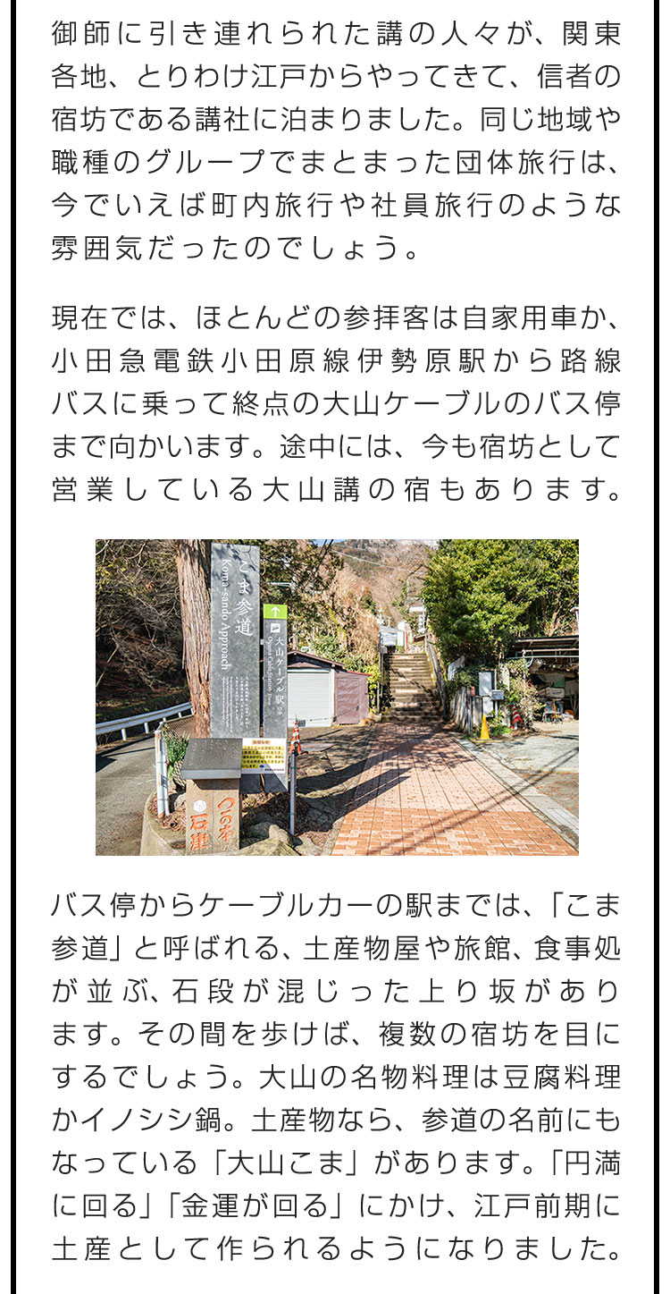 御師に引き連れられた講の人々が、関東各地、とりわけ江戸からやってきて、信者の宿坊である講社に泊まりました。同じ地域や職種のグループでまとまった団体旅行は、今でいえば町内旅行や社員旅行のような雰囲気だったのでしょう。　現在では、ほとんどの参拝客は自家用車か、小田急電鉄小田原線伊勢原駅から路線バスに乗って終点の大山ケーブルのバス停まで向かいます。途中には、今も宿坊として営業している大山講の宿もあります。　バス停からケーブルカーの駅までは、「こま参道」と呼ばれる、土産物屋や旅館、食事処が並ぶ、石段が混じった上り坂があります。その間を歩けば、複数の宿坊を目にするでしょう。大山の名物料理は豆腐料理かイノシシ鍋。土産物なら、参道の名前にもなっている「大山こま」があります。「円満に回る」「金運が回る」にかけ、江戸前期に土産として作られるようになりました。