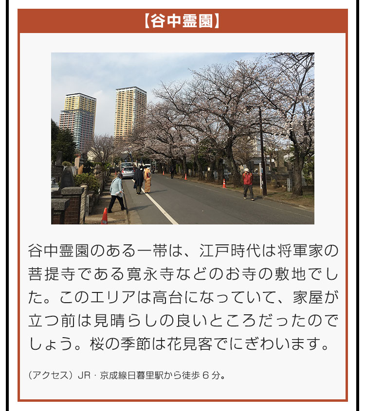 【谷中霊園】谷中霊園のある一帯は、江戸時代は将軍家の菩提寺である寛永寺などのお寺の敷地でした。このエリアは高台になっていて、家屋が立つ前は見晴らしの良いところだったのでしょう。桜の季節は花見客でにぎわいます。（アクセス）JR・京成線日暮里駅から徒歩6分。