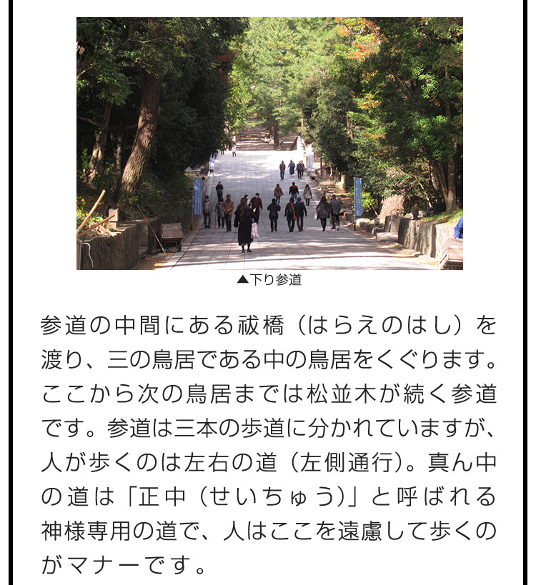 参道の中間にある祓橋（はらえのはし）を渡り、三の鳥居である中の鳥居をくぐります。ここから次の鳥居までは松並木が続く参道です。参道は三本の歩道に分かれていますが、人が歩くのは左右の道（左側通行）。真ん中の道は「正中（せいちゅう）」と呼ばれる神様専用の道で、人はここを遠慮して歩くのがマナーです。