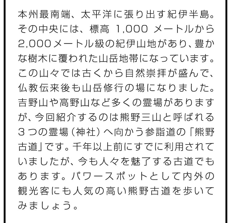 本州最南端、太平洋に張り出す紀伊半島。その中央には、標高1,000メートルから2,000メートル級の紀伊山地があり、豊かな樹木に覆われた山岳地帯になっています。この山々では古くから自然崇拝が盛んで、仏教伝来後も山岳修行の場になりました。吉野山や高野山など多くの霊場がありますが、今回紹介するのは熊野三山と呼ばれる3つの霊場（神社）へ向かう参詣道の「熊野古道」です。千年以上前にすでに利用されていましたが、今も人々を魅了する古道でもあります。パワースポットとして内外の観光客にも人気の高い熊野古道を歩いてみましょう。