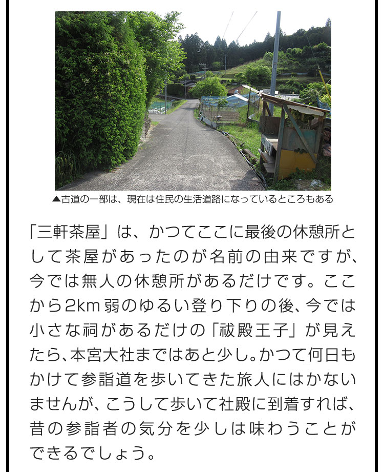 「三軒茶屋」は、かつてここに最後の休憩所として茶屋があったのが名前の由来ですが、今では無人の休憩所があるだけです。ここから2km弱のゆるい登り下りの後、今では小さな祠があるだけの「祓殿王子」が見えたら、本宮大社まではあと少し。かつて何日もかけて参詣道を歩いてきた旅人にはかないませんが、こうして歩いて社殿に到着すれば、昔の参詣者の気分を少しは味わうことができるでしょう。