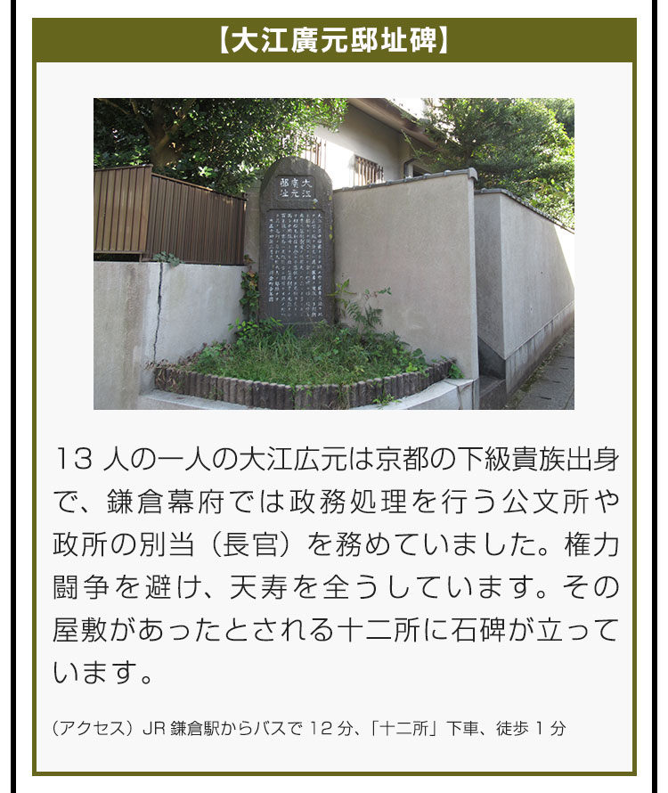 【大江廣元邸址碑】13人の一人の大江広元は京都の下級貴族出身で、鎌倉幕府では政務処理を行う公文所や政所の別当（長官）を務めていました。権力闘争を避け、天寿を全うしています。その屋敷があったとされる十二所に石碑が立っています。（アクセス）JR鎌倉駅からバスで12分、「十二所」下車、徒歩1分。