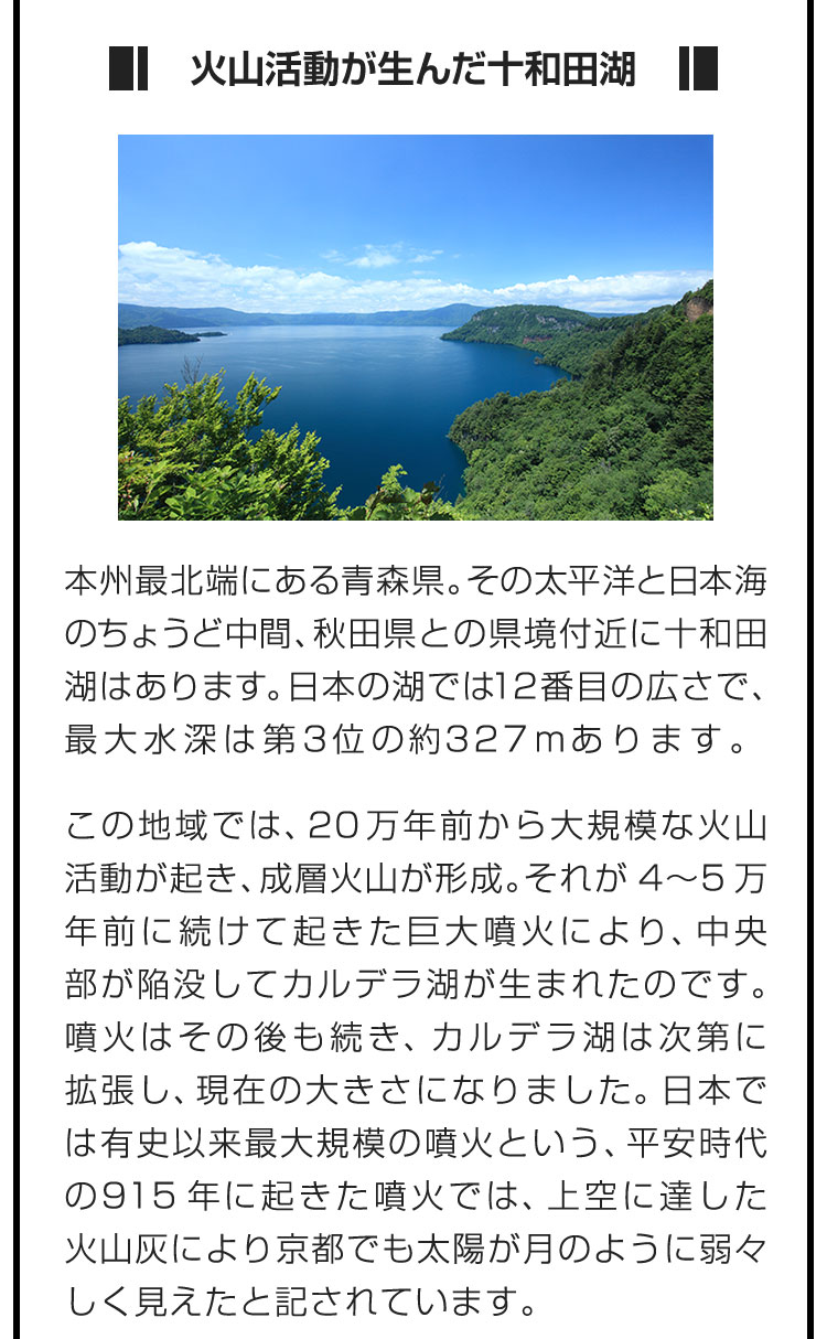 ■火山活動が生んだ十和田湖■本州最北端にある青森県。その太平洋と日本海のちょうど中間、秋田県との県境付近に十和田湖はあります。日本の湖では12番目の広さで、最大水深は第3位の約327mあります。　この地域では、20万年前から大規模な火山活動が起き、成層火山が形成。それが4〜5万年前に続けて起きた巨大噴火により、中央部が陥没してカルデラ湖が生まれたのです。噴火はその後も続き、カルデラ湖は次第に拡張し、現在の大きさになりました。日本では有史以来最大規模の噴火という、平安時代の915年に起きた噴火では、上空に達した火山灰により京都でも太陽が月のように弱々しく見えたと記されています。