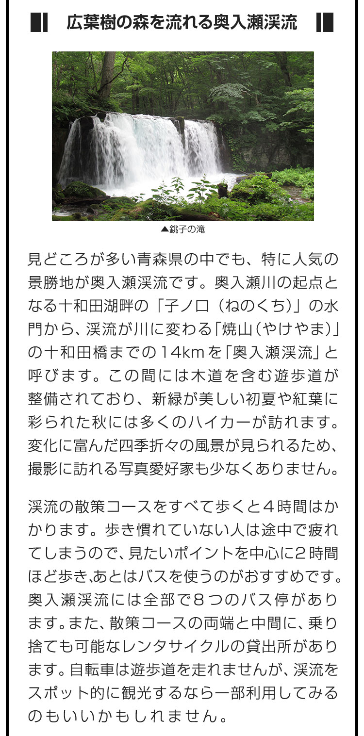 ■広葉樹の森を流れる奥入瀬渓流■見どころが多い青森県の中でも、特に人気の景勝地が奥入瀬渓流です。奥入瀬川の起点となる十和田湖畔の「子ノ口（ねのくち）」の水門から、渓流が川に変わる「焼山（やけやま）」の十和田橋までの14kmを「奥入瀬渓流」と呼びます。この間には木道を含む遊歩道が整備されており、新緑が美しい初夏や紅葉に彩られた秋には多くのハイカーが訪れます。変化に富んだ四季折々の風景が見られるため、撮影に訪れる写真愛好家も少なくありません。　渓流の散策コースをすべて歩くと4時間はかかります。歩き慣れていない人は途中で疲れてしまうので、見たいポイントを中心に2時間ほど歩き、あとはバスを使うのがおすすめです。奥入瀬渓流には全部で8つのバス停があります。また、散策コースの両端と中間に、乗り捨ても可能なレンタサイクルの貸出所があります。自転車は遊歩道を走れませんが、渓流をスポット的に観光するなら一部利用してみるのもいいかもしれません。