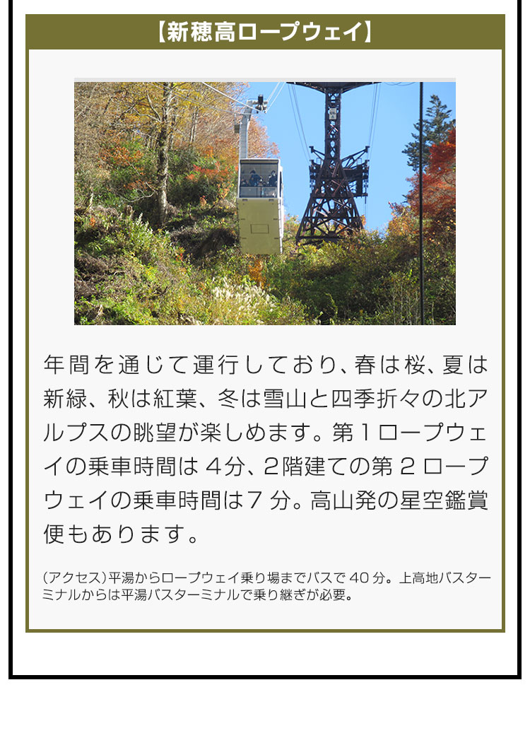 【新穂高ロープウェイ】年間を通じて運行しており、春は桜、夏は新緑、秋は紅葉、冬は雪山と四季折々の北アルプスの眺望が楽しめます。第1ロープウェイの乗車時間は4分、2階建ての第2ロープウェイの乗車時間は7分。高山発の星空鑑賞便もあります。（アクセス）平湯からロープウェイ乗り場までバスで40分。上高地バスターミナルからは平湯バスターミナルで乗り継ぎが必要。