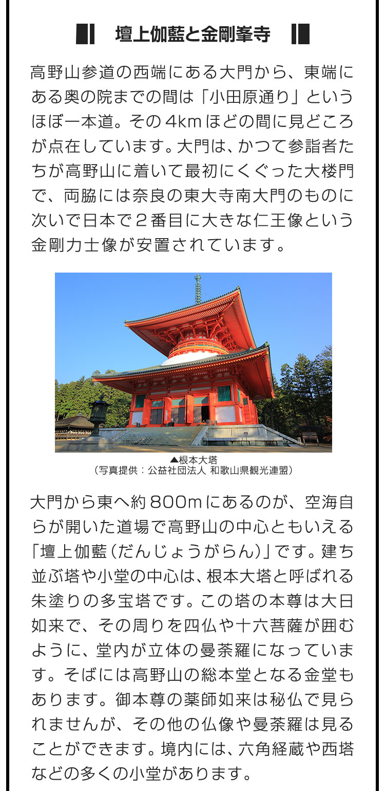 ■壇上伽藍と金剛峯寺■高野山参道の西端にある大門から、東端にある奥の院までの間は「小田原通り」というほぼ一本道。その4kmほどの間に見どころが点在しています。大門は、かつて参詣者たちが高野山に着いて最初にくぐった大楼門で、両脇には奈良の東大寺南大門のものに次いで日本で２番目に大きな仁王像という金剛力士像が安置されています。　大門から東へ約800mにあるのが、空海自らが開いた道場で高野山の中心ともいえる「壇上伽藍（だんじょうがらん）」です。建ち並ぶ塔や小堂の中心は、根本大塔と呼ばれる朱塗りの多宝塔です。この塔の本尊は大日如来で、その周りを四仏や十六菩薩が囲むように、堂内が立体の曼荼羅になっています。そばには高野山の総本堂となる金堂もあります。御本尊の薬師如来は秘仏で見られませんが、その他の仏像や曼荼羅は見ることができます。境内には、六角経蔵や西塔などの多くの小堂があります。