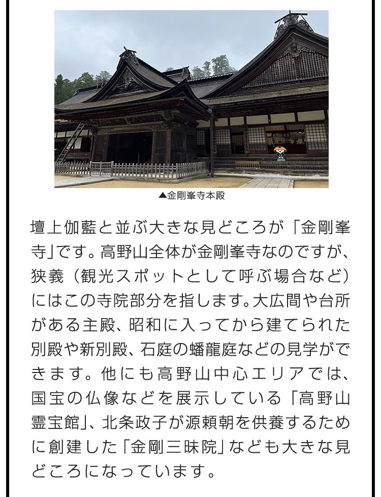 壇上伽藍と並ぶ大きな見どころが「金剛峯寺」です。高野山全体が金剛峯寺なのですが、狭義（観光スポットとして呼ぶ場合など）にはこの寺院部分を指します。大広間や台所がある主殿、昭和に入ってから建てられた別殿や新別殿、石庭の蟠龍庭などの見学ができます。他にも高野山中心エリアでは、国宝の仏像などを展示している「高野山霊宝館」、北条政子が源頼朝を供養するために創建した「金剛三昧院」なども大きな見どころになっています。