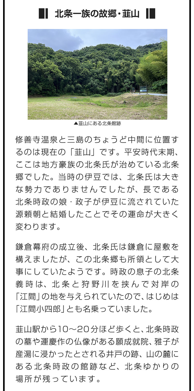 ■北条一族の故郷・韮山■修善寺温泉と三島のちょうど中間に位置するのは現在の「韮山」です。平安時代末期、ここは地方豪族の北条氏が治めている北条郷でした。当時の伊豆では、北条氏は大きな勢力でありませんでしたが、長である北条時政の娘・政子が伊豆に流されていた源頼朝と結婚したことでその運命が大きく変わります。　鎌倉幕府の成立後、北条氏は鎌倉に屋敷を構えましたが、この北条郷も所領として大事にしていたようです。時政の息子の北条義時は、北条と狩野川を挟んで対岸の「江間」の地を与えられていたので、はじめは「江間小四郎」とも名乗っていました。　韮山駅から10〜20分ほど歩くと、北条時政の墓や運慶作の仏像がある願成就院、雅子が産湯に浸かったとされる井戸の跡、山の麓にある北条時政の館跡など、北条ゆかりの場所が残っています。