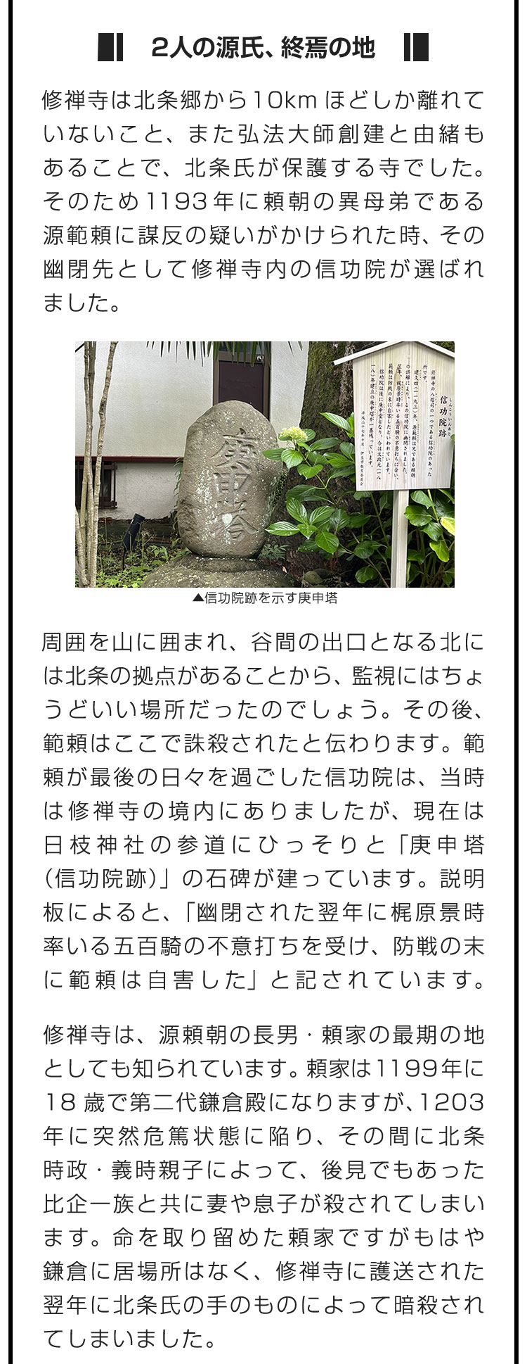 ■2人の源氏、終焉の地■修禅寺は北条郷から10kmほどしか離れていないこと、また弘法大師創建と由緒もあることで、北条氏が保護する寺でした。そのため1193年に頼朝の異母弟である源範頼に謀反の疑いがかけられた時、その幽閉先として修禅寺内の信功院が選ばれました。　周囲を山に囲まれ、谷間の出口となる北には北条の拠点があることから、監視にはちょうどいい場所だったのでしょう。その後、範頼はここで誅殺されたと伝わります。範頼が最後の日々を過ごした信功院は、当時は修禅寺の境内にありましたが、現在は日枝神社の参道にひっそりと「庚申塔（信功院跡）」の石碑が建っています。説明板によると、「幽閉された翌年に梶原景時率いる五百騎の不意打ちを受け、防戦の末に範頼は自害した」と記されています。　修禅寺は、源頼朝の長男・頼家の最期の地としても知られています。頼家は1199年に18歳で第二代鎌倉殿になりますが、1203年に突然危篤状態に陥り、その間に北条時政・義時親子によって、後見でもあった比企一族と共に妻や息子が殺されてしまいます。命を取り留めた頼家ですがもはや鎌倉に居場所はなく、修禅寺に護送された翌年に北条氏の手のものによって暗殺されてしまいました。